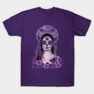 Day of the dead purple roses and butterflies art by Renee Lavoie T-Shirt